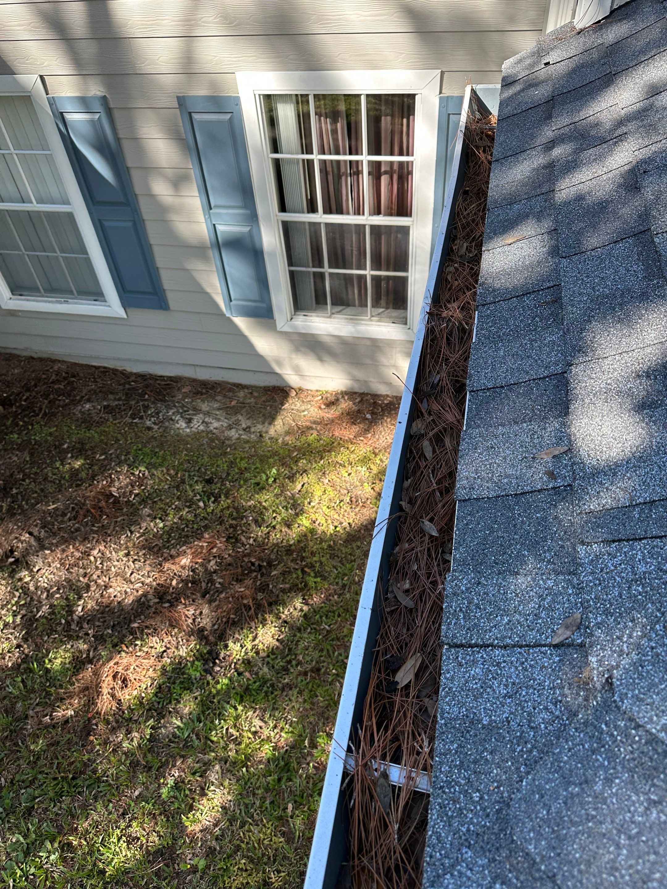 Commercial gutter cleaning Deltona & DeLand, FL before photo with filled gutters
