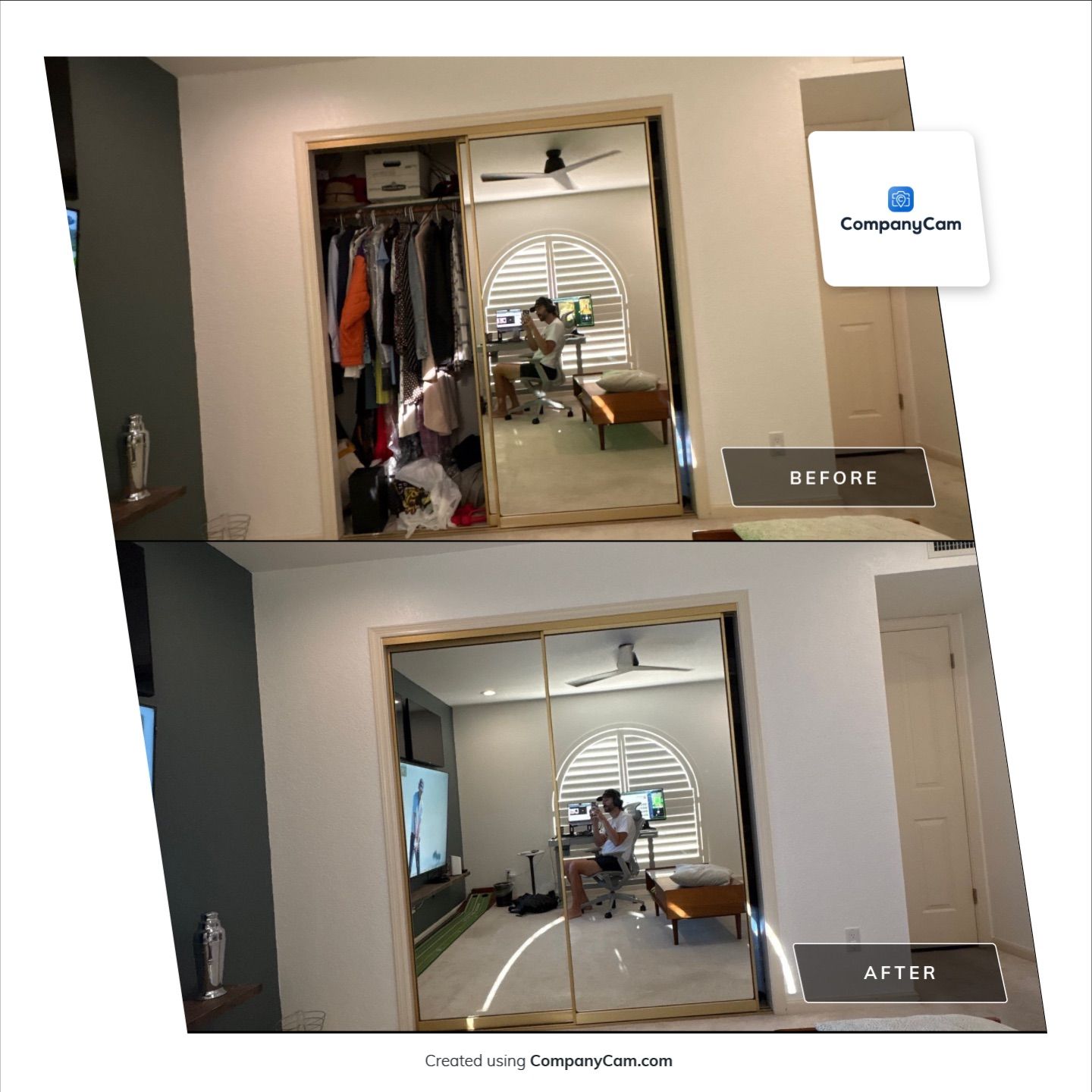 Modern Office Renovation With Arched Shutters and Mirrored Closets by CompanyCam Sales Demo