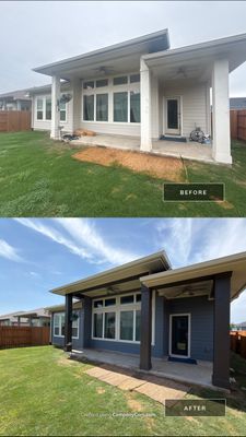 Before and after photo of a back porch and columns repainted by Hill Country Painting in Austin, TX