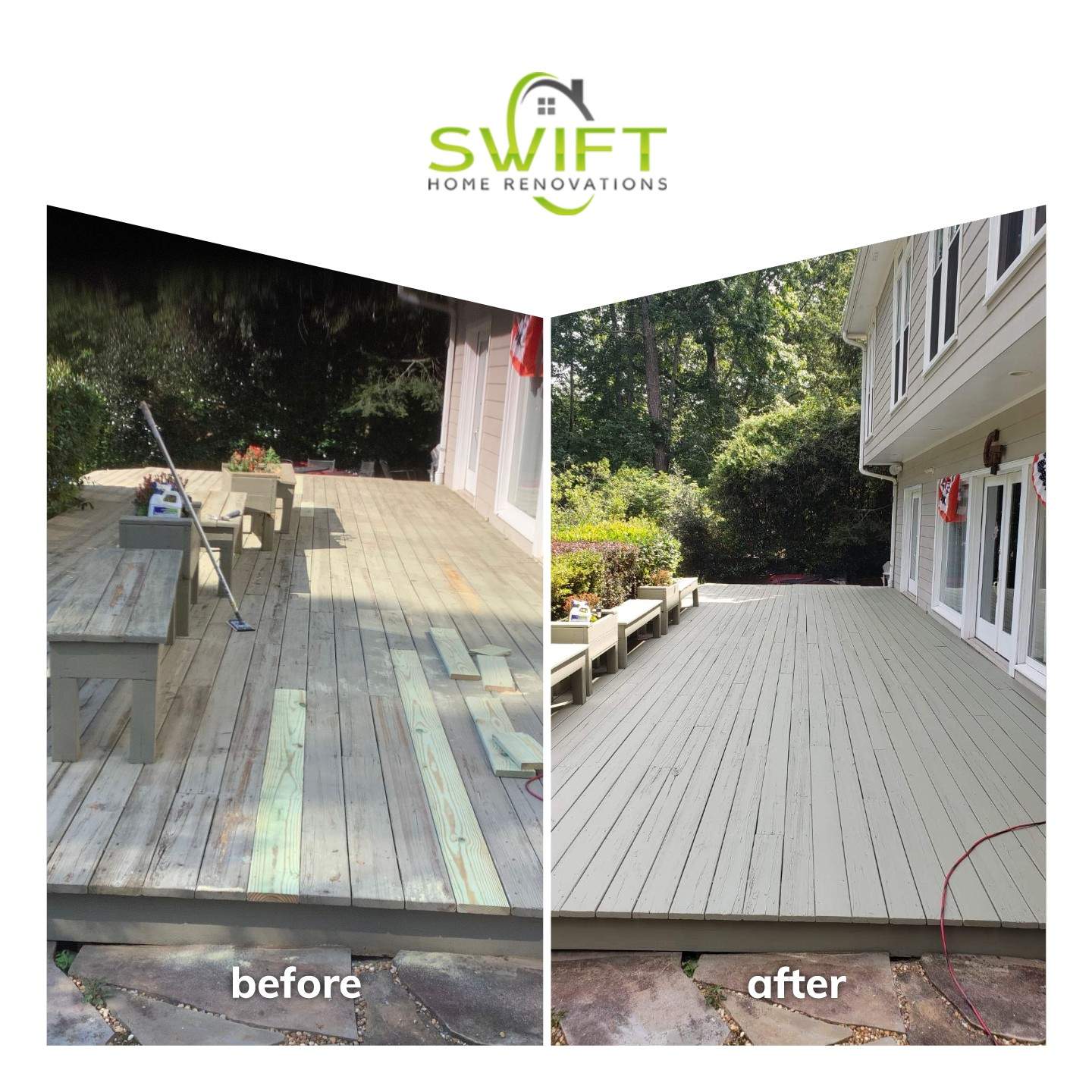Roswell Deck Restoration Featuring Pressure-Treated Wood and Grey Finish by Swift Home Renovations 