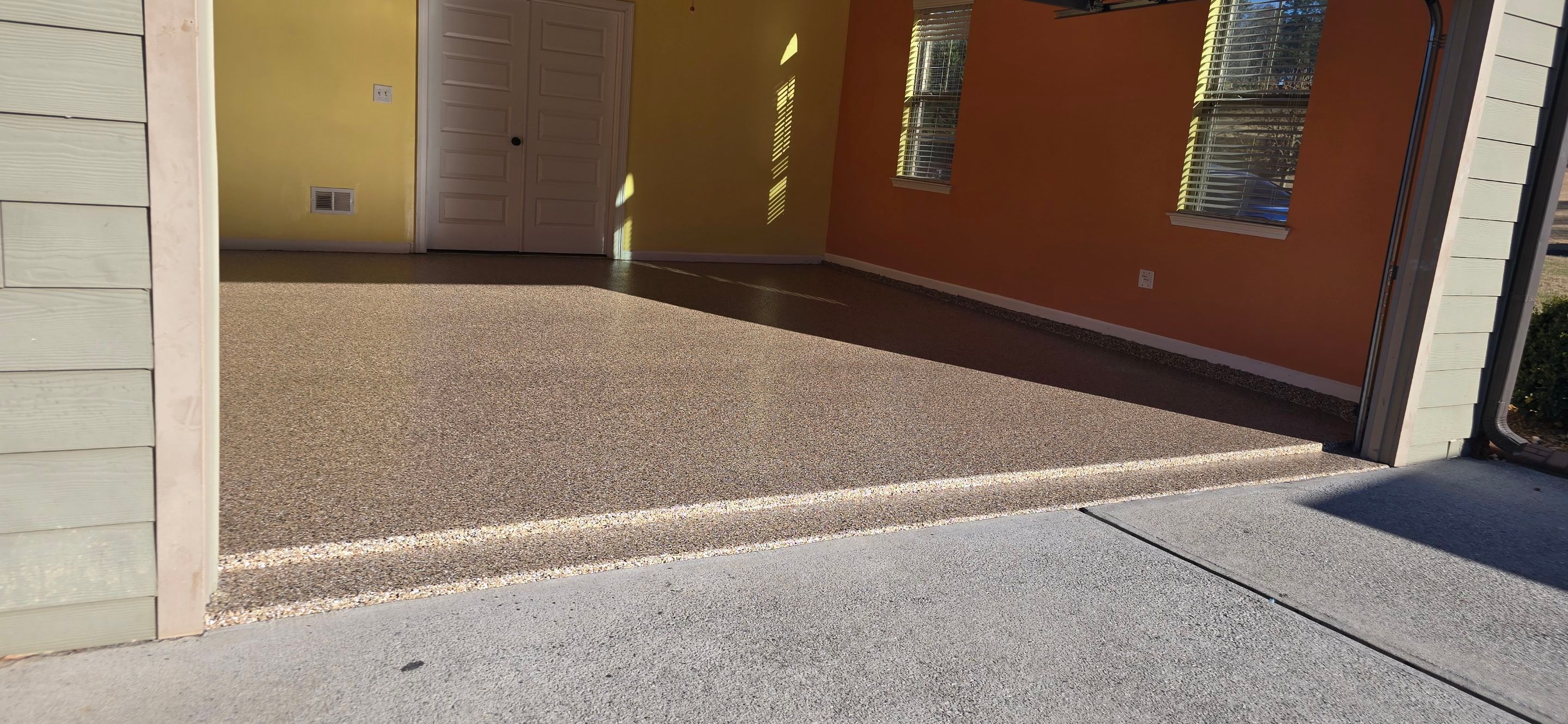 Garage floor transformation using outback color flake by Opus Renovations 