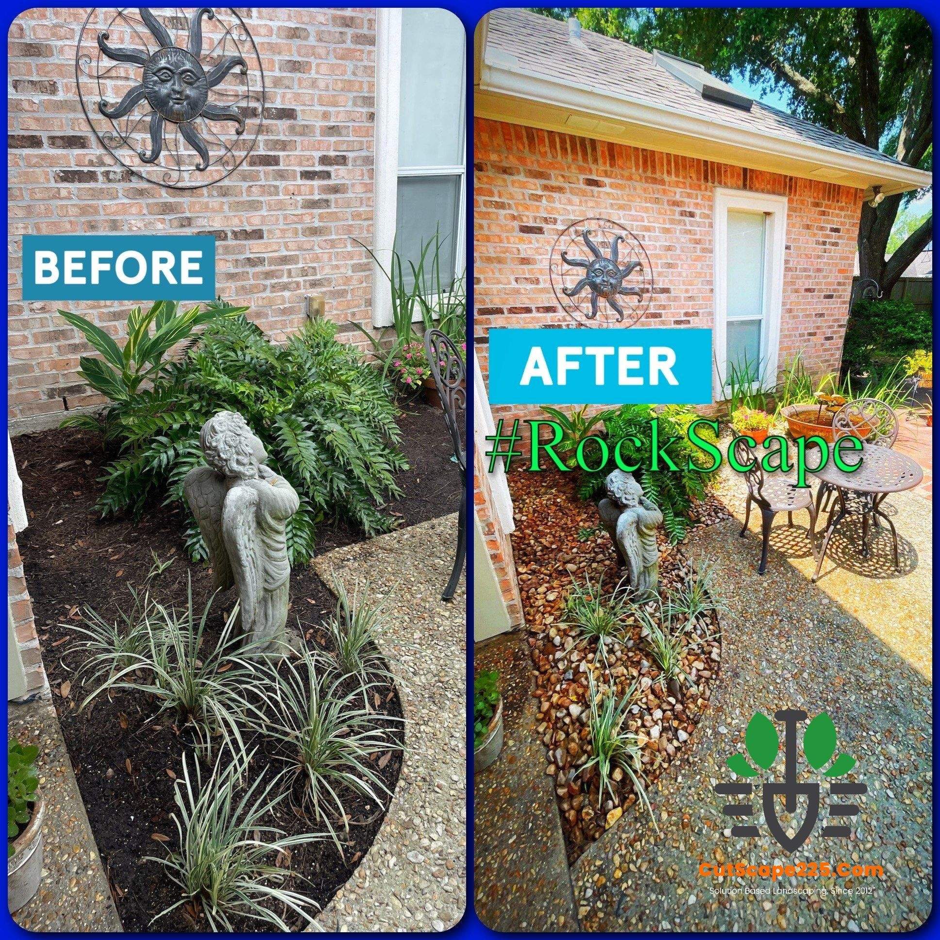 LANDSCAPE SERVICES: DEMO / BED PREP / CUT IN BED EDGES / MULCH INSTALL using BROWN MULCH "BARK BRITE" & ROAD ROCK by CutScape, LLC.