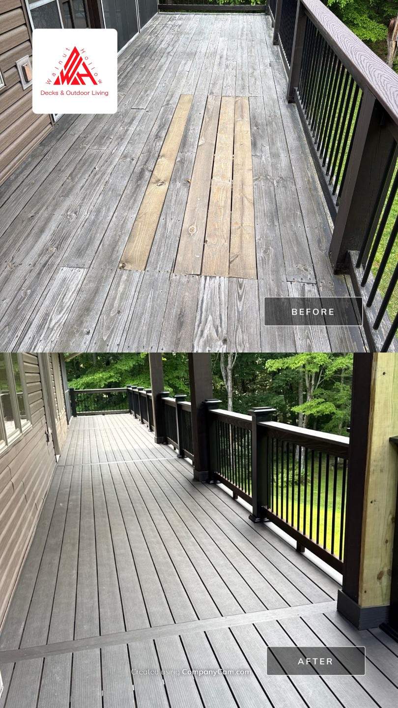 Custom Composite Deck Construction with Stone Pillars in Fayetteville by Walnut Hollow Decks & Outdoor Living