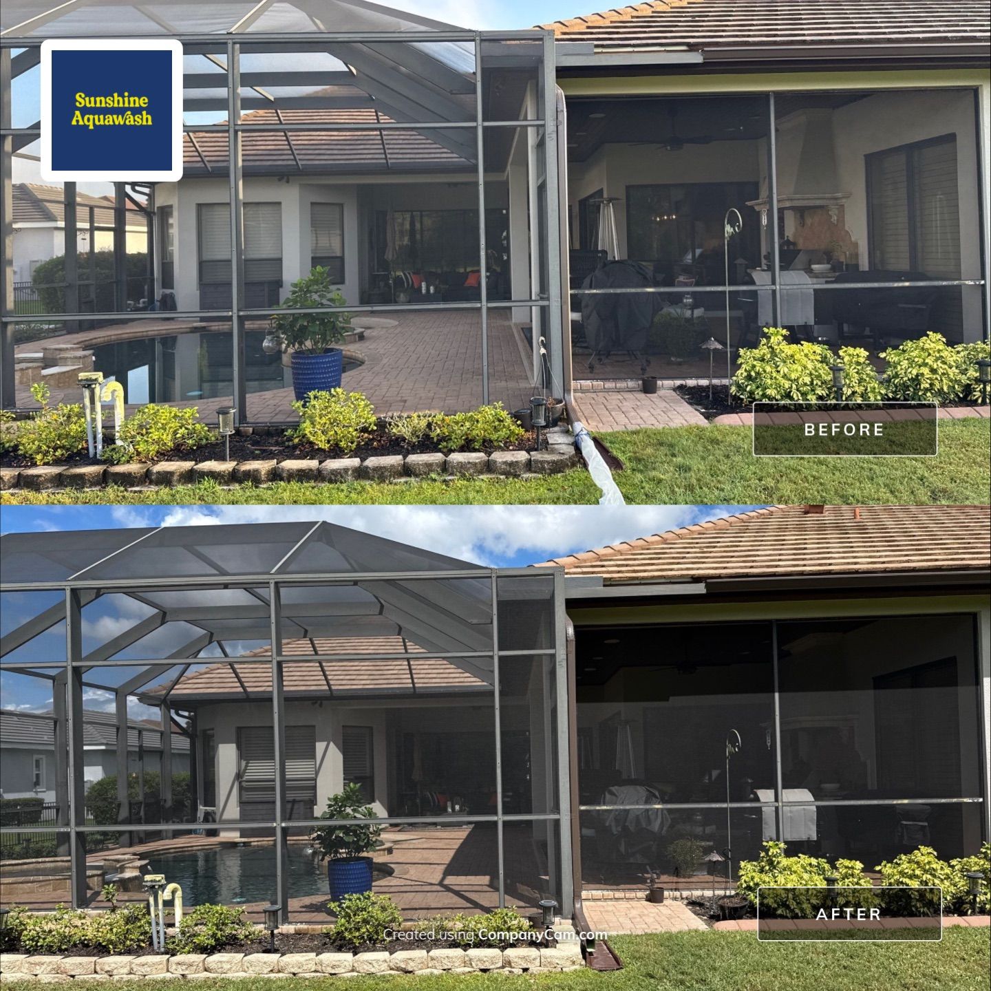 Tile Roof, Paver Pool Deck & Flowerbed Curbing Cleaning | Winding River Bradenton, FL Transformation by Sunshine AquaWash