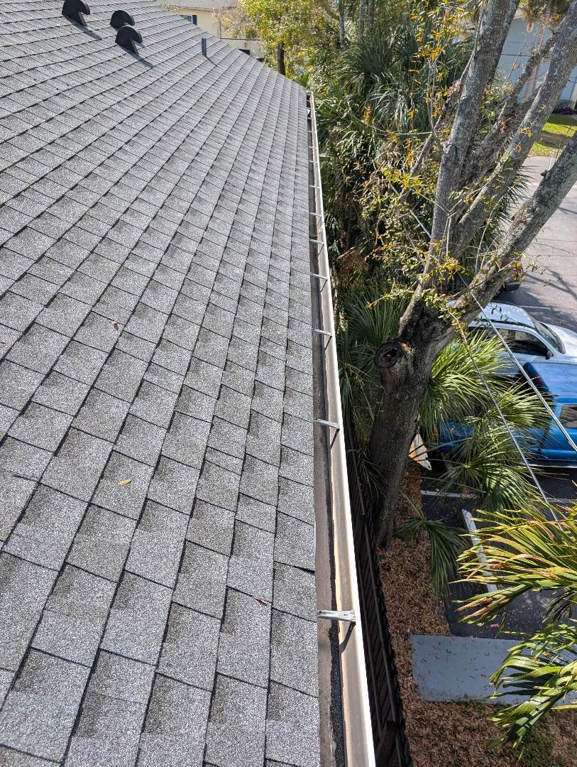 A Tampa residential gutter cleaning job photo after gutter cleaning showcasing extremely clean gutters.