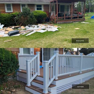 Deck Replacement using Trex Tropical Tiki Torch and White Transcend railings with lattice bottom 