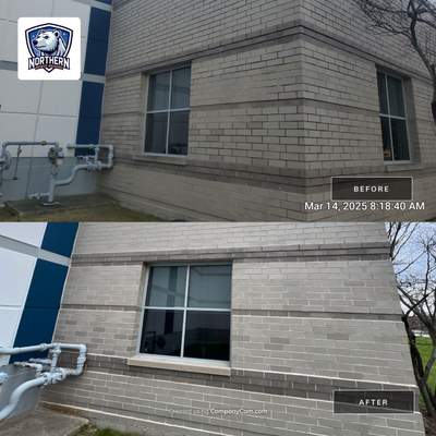 Commercial Facade cleaning using Algaecide, soft wash soap