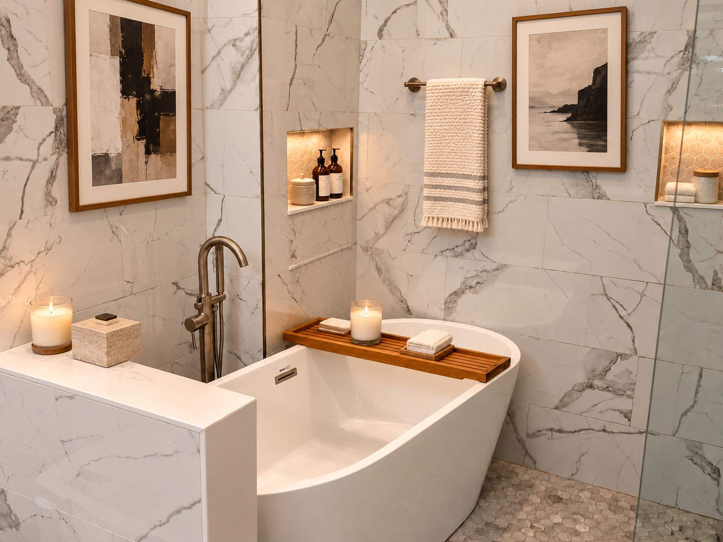 Luxury Spa-Inspired Bathroom Remodel with Freestanding Tub & Marble Tile by Remodel Now