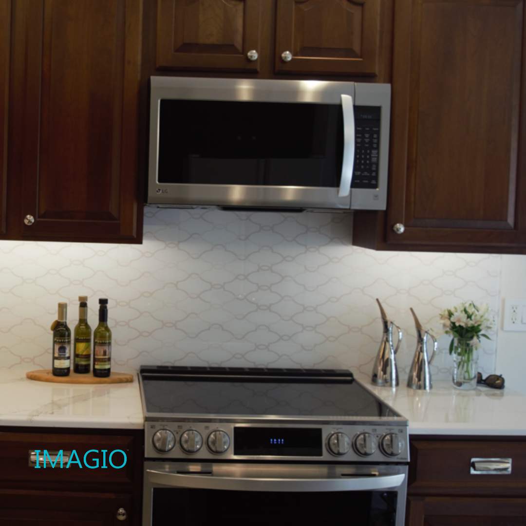 Kitchen Remodel using IMAGIO Solid Glass Backsplash Arabesque Drops by IMAGIO