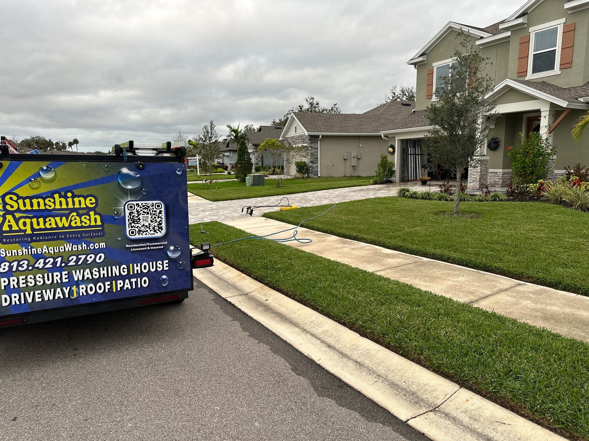 House Wash, Paver Driveway & Sidewalk Cleaning + Sanding & Sealing in Trevesta Community, Palmetto, FL by Sunshine AquaWash