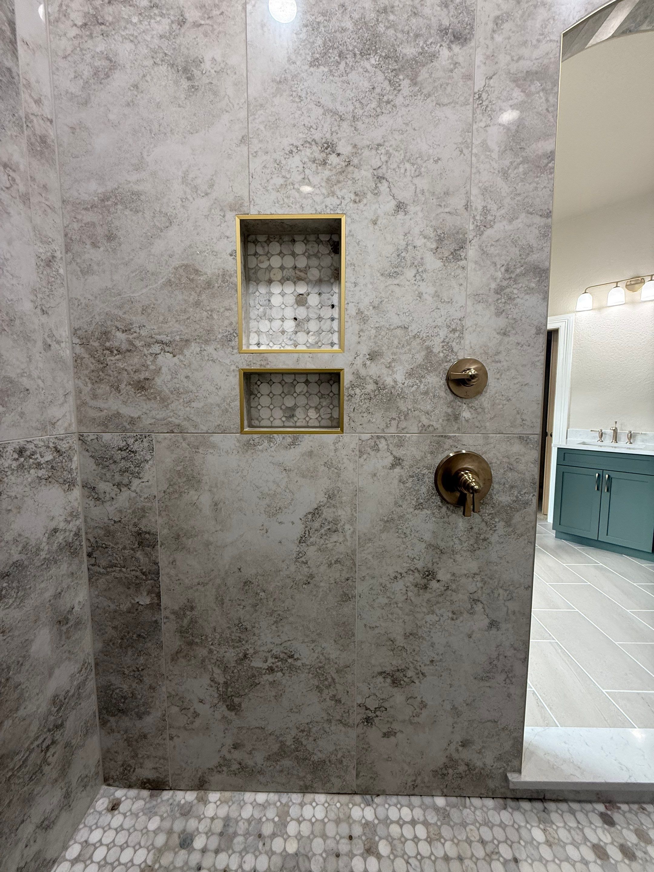 Garden Ridge Master Bathroom Remodel with Custom Walk-In Shower & Warm Green Vanity by Legacy Bath and Kitchen