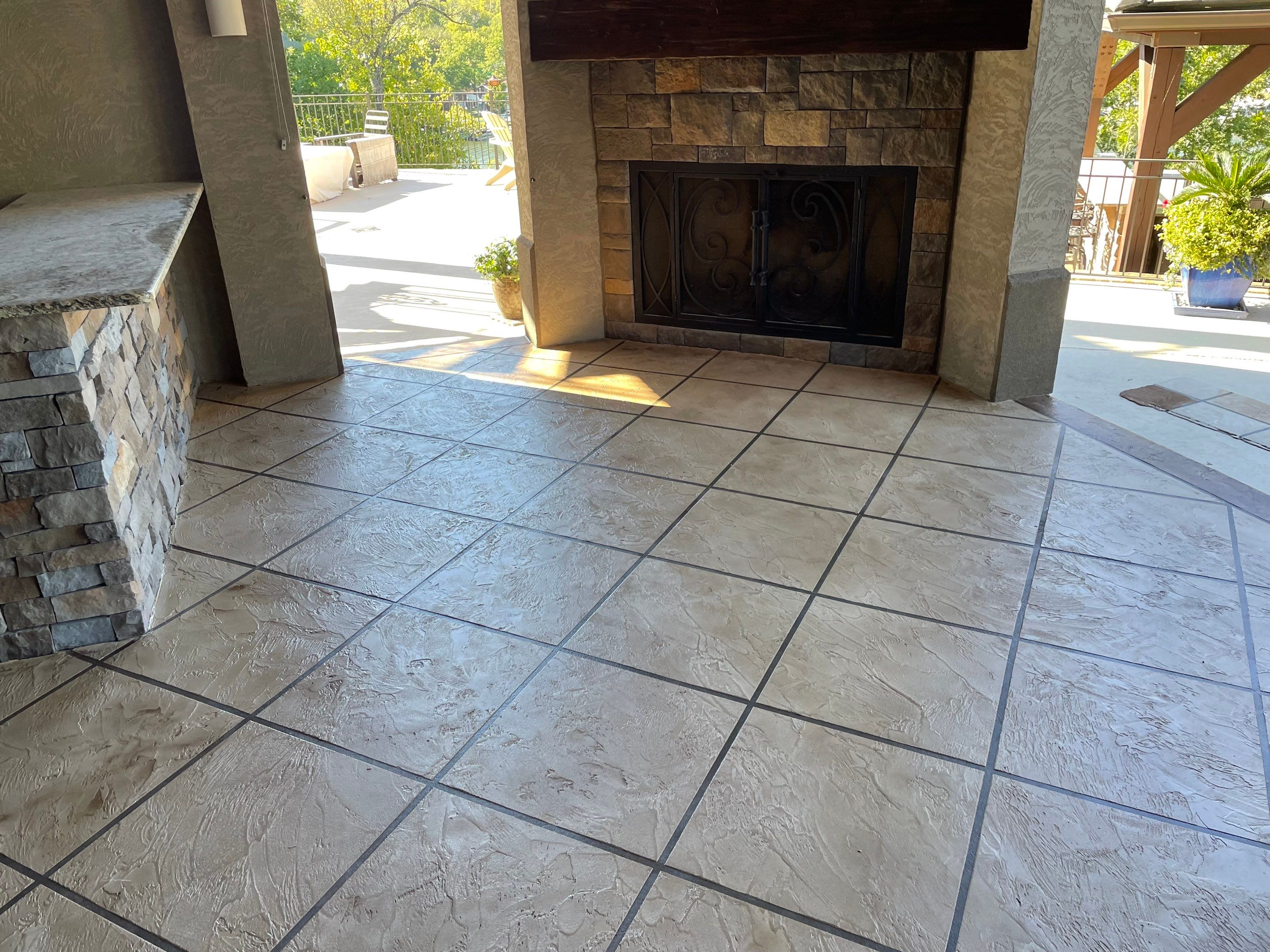Lake Lotawana -- Front Walkway and Back Patio Tuscan Overlay by Big Red Decorative Concrete, LLC