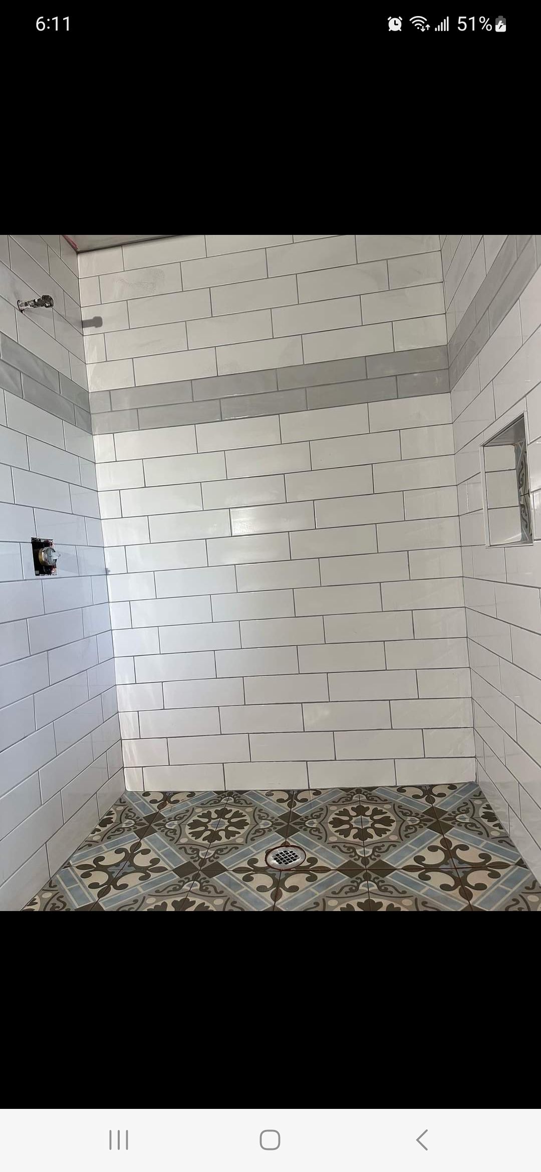 Jack & Jill Bathroom Floor + Dog Washing Nook with Niche using Porceline Subway Tile by Footprints Floors Morristown