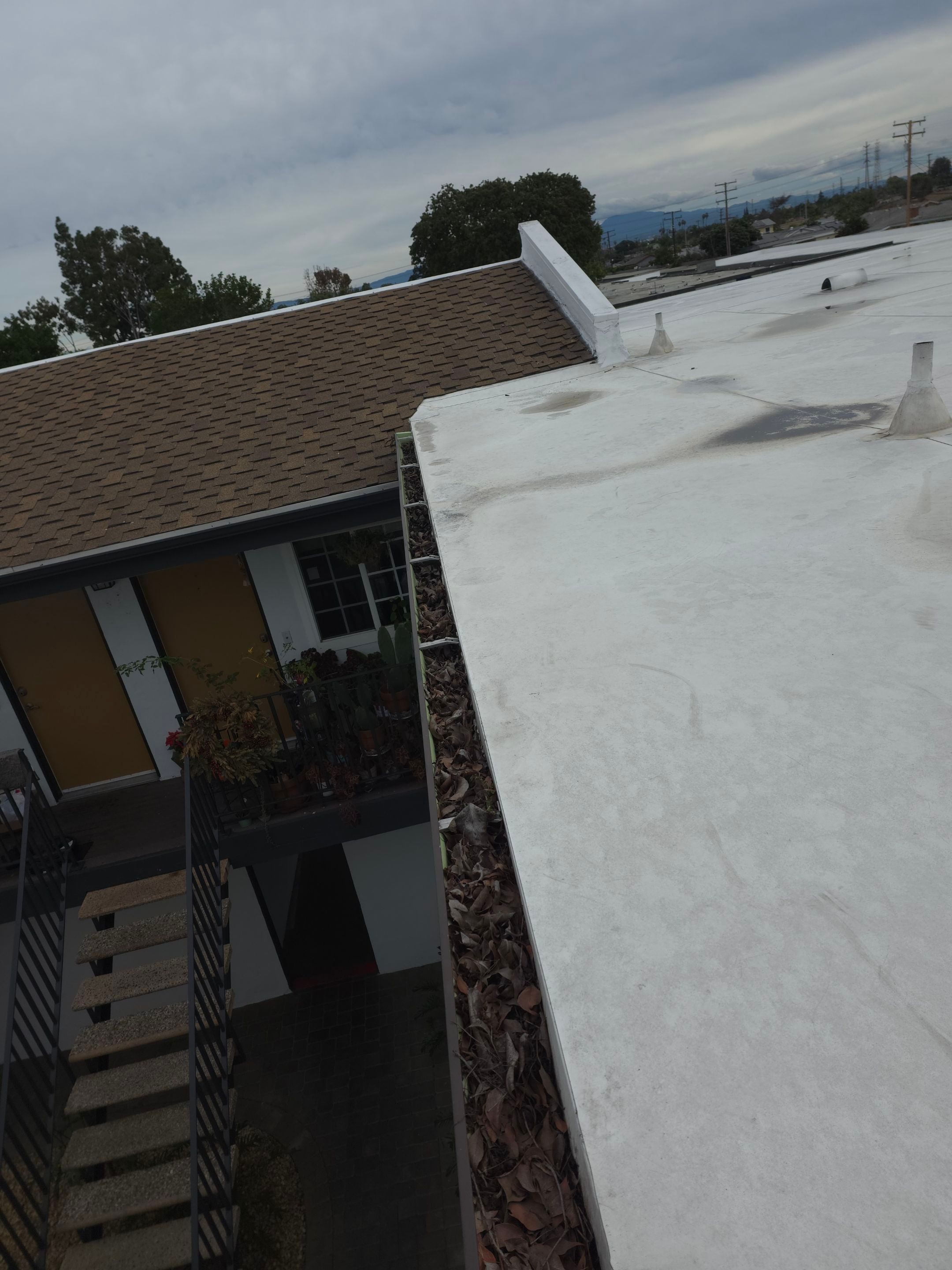 Commercial gutter cleaning Anaheim & Fullerton, CA before photo with filled gutters