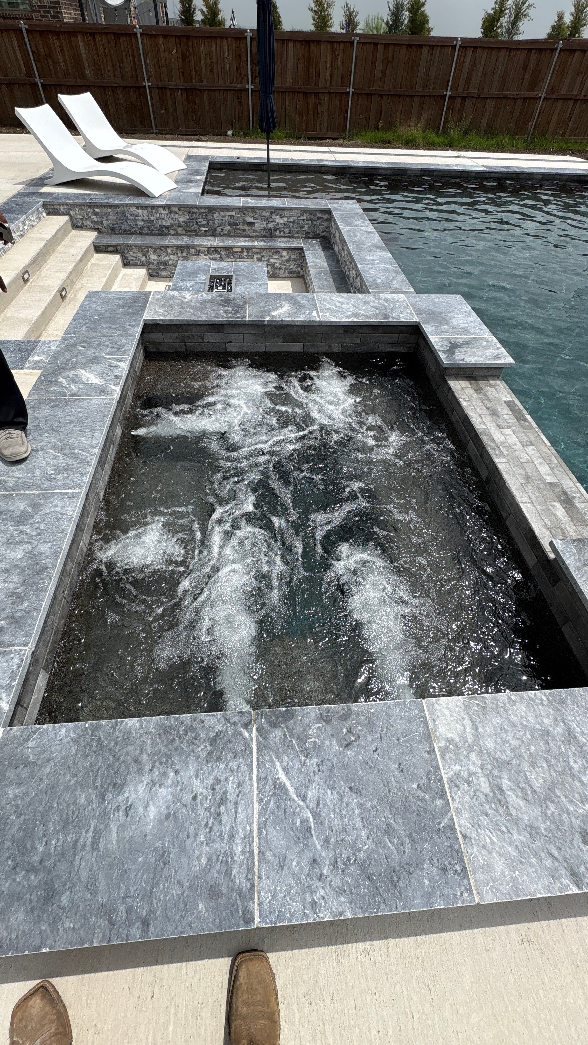 Geometric Pool with Raised Spa and Scupper Water Features by Pinnacle Pools and Spas - DFW