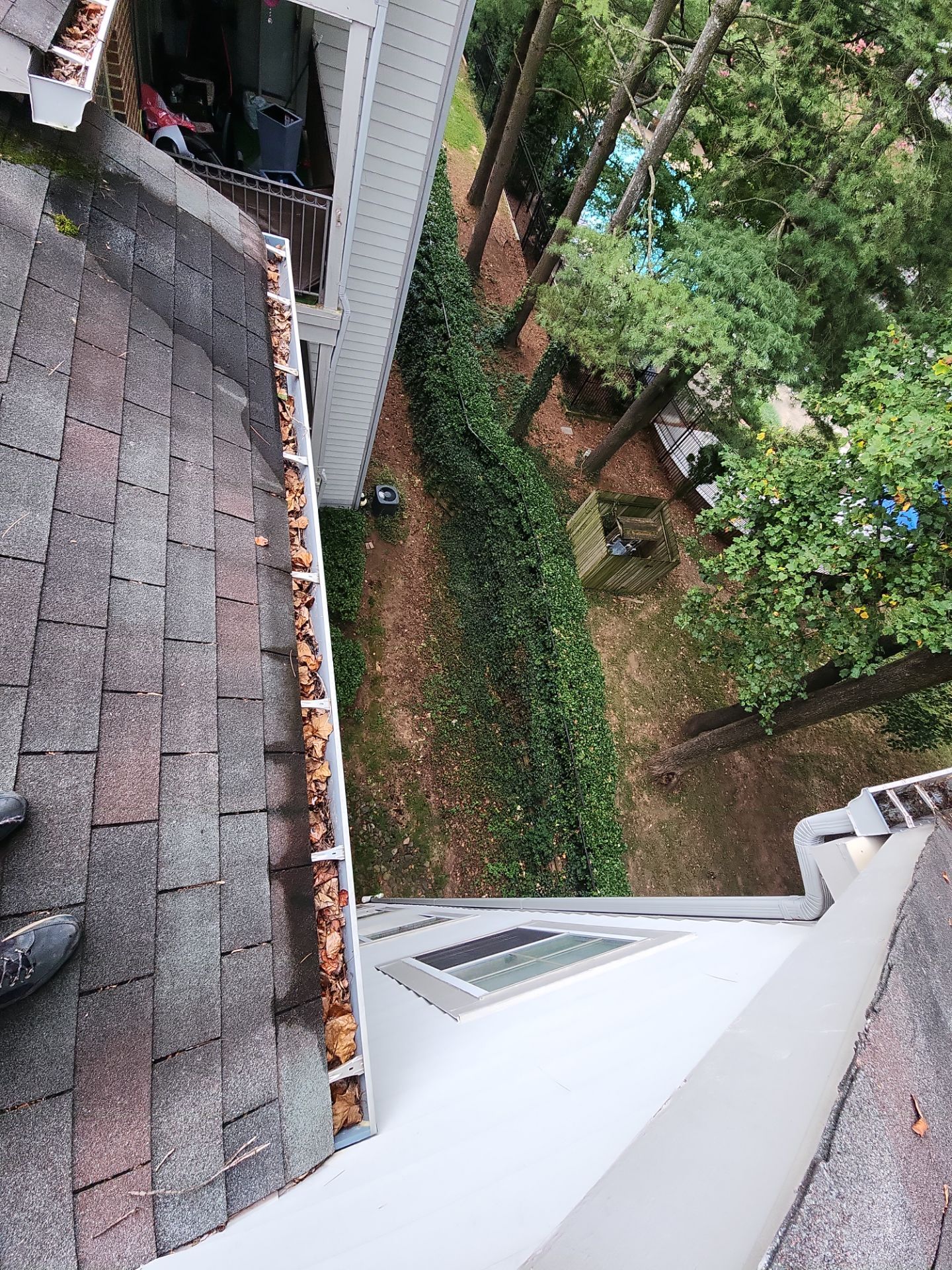 Commercial gutter cleaning Washington before photo with filled gutters