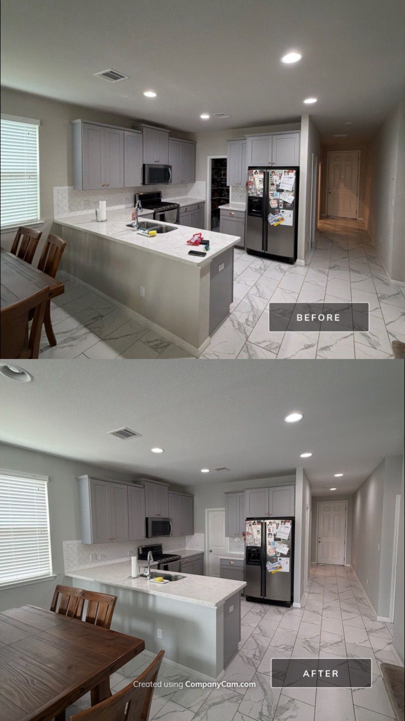 Before and after photo of a kitchen repainted by Hill Country Painting in Leander, TX