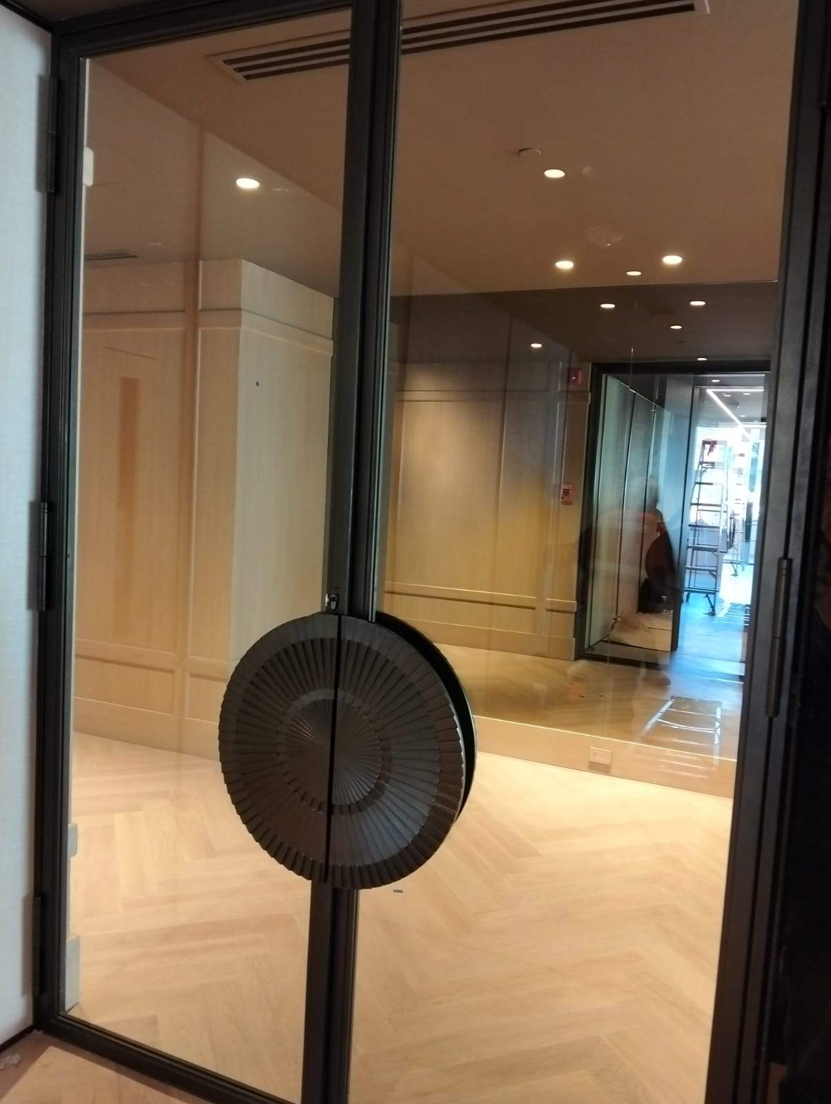 Modern Black Frame Double Door Installation with Custom Radial Hardware by Solara Custom Living