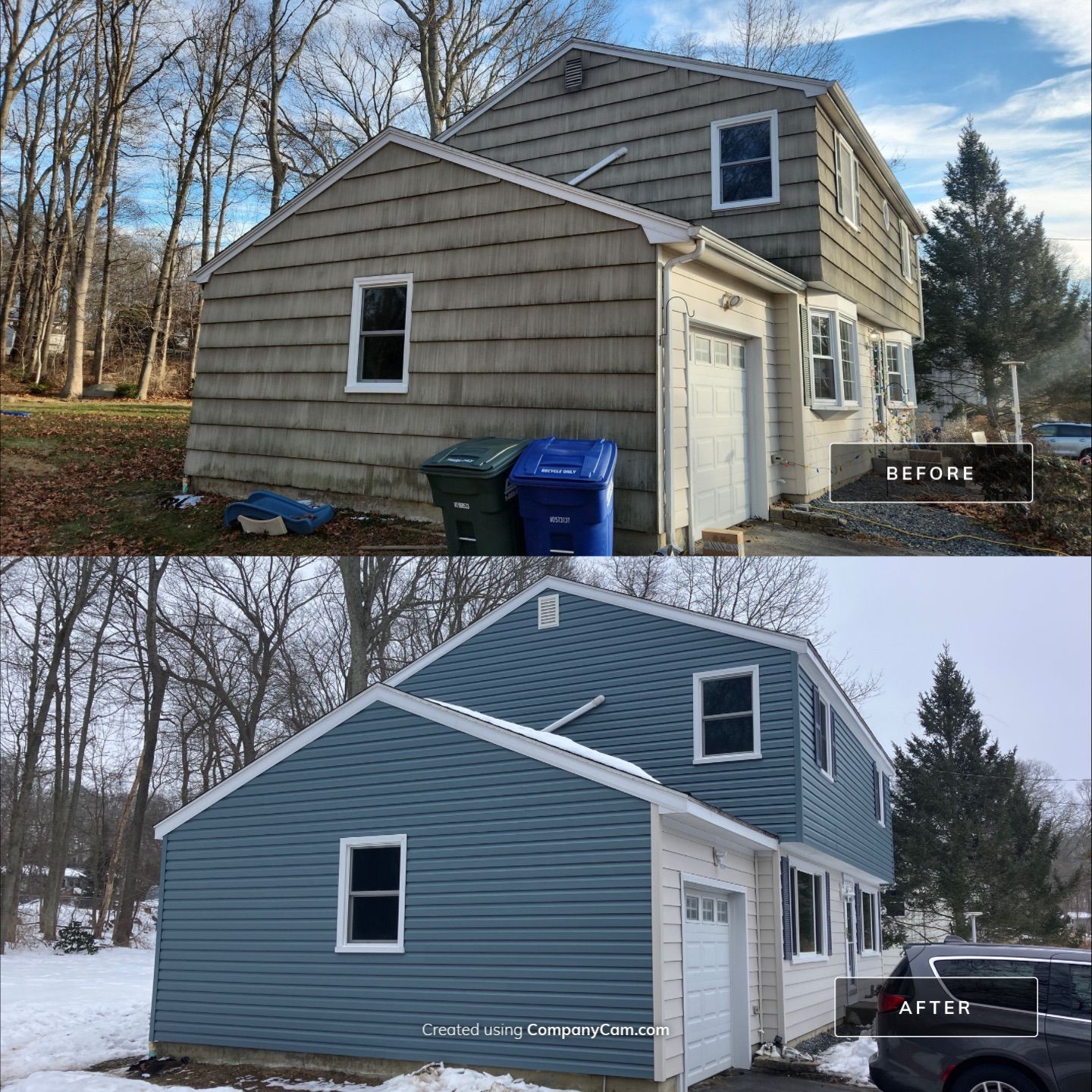 Siding Transformation with Certaplank S/7 insulated Herringbone, and Cert Monogram D/5x12' Dutchlap Wedgewood Blue by DiGiorgi Roofing and Siding Inc