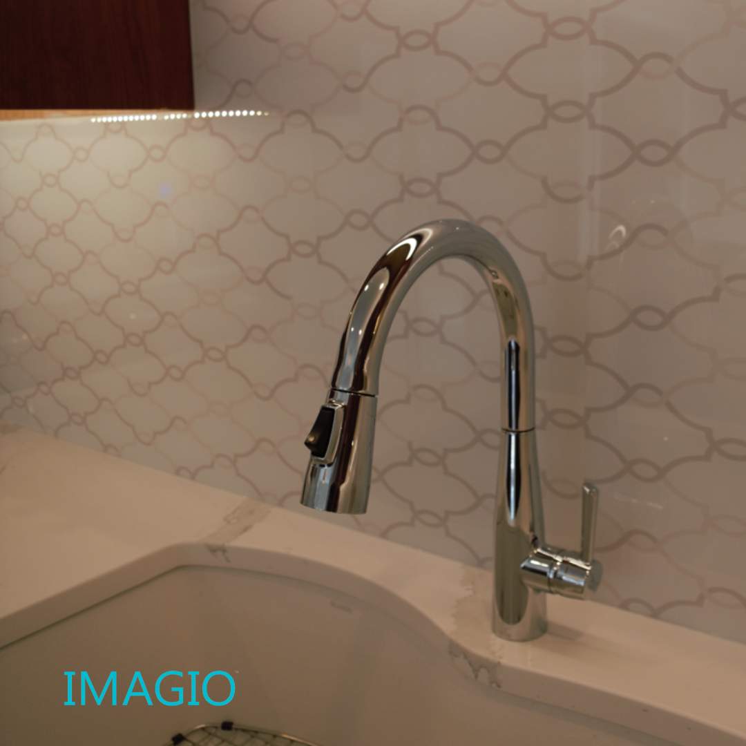 Kitchen Remodel using IMAGIO Solid Glass Backsplash Arabesque Drops by IMAGIO
