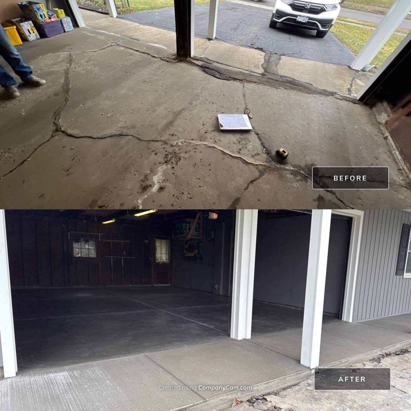 Concrete garage floor replacement with a broom finished apron and sidewalk  by NG Masonry & Construction LLC