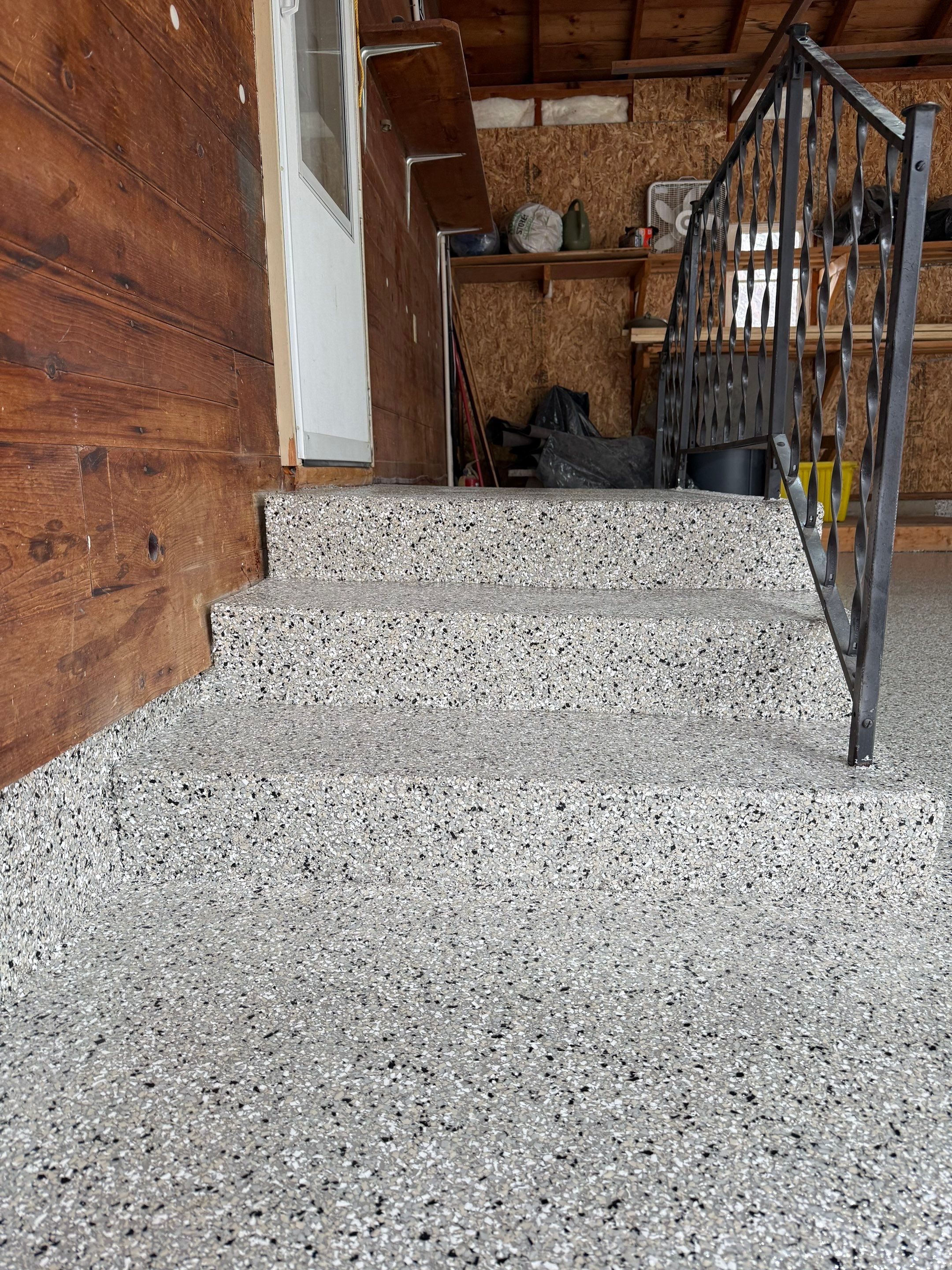 Multi-Colored Epoxy Garage Floor Coating and Concrete Stair Restoration by Select Painting, Coatings & Garage Cabinets
