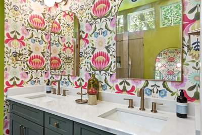 Bold & Colorful Bathroom Remodel | Custom Shower & Statement Wallpaper | San Antonio