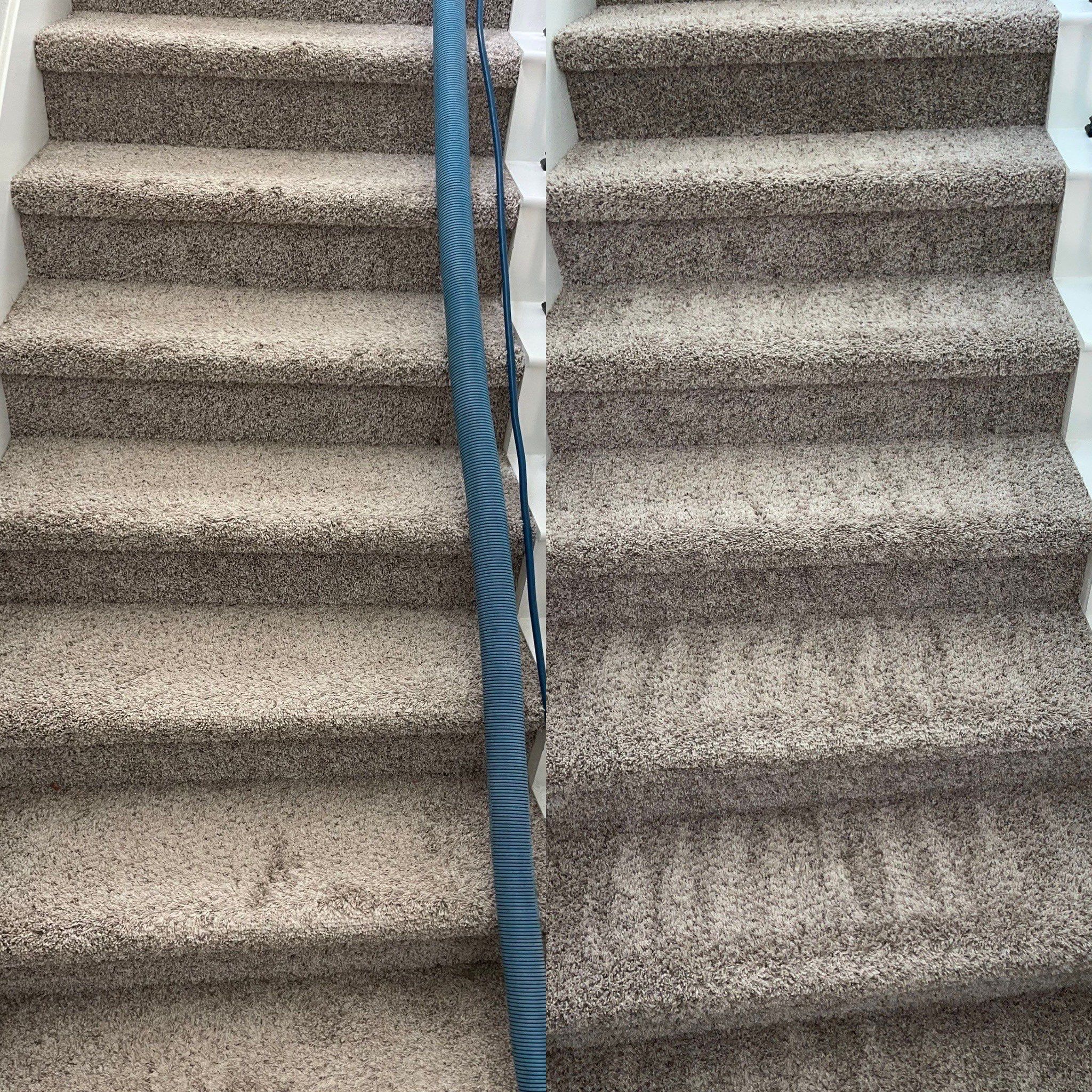 cleaning carpeted stairs removing dirt and stains with professional equipment and making the stairs look refreshed and clean