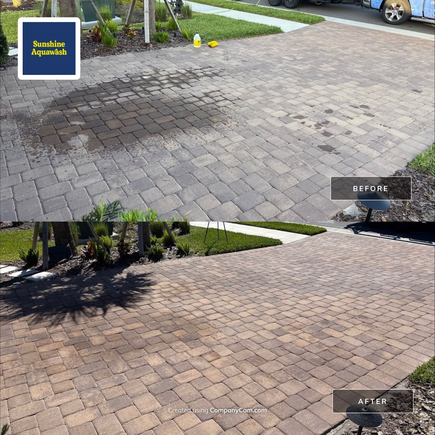 Oil Stain Removal on Paver Driveway | Esplanade at Artisan Lakes, Palmetto FL by Sunshine AquaWash