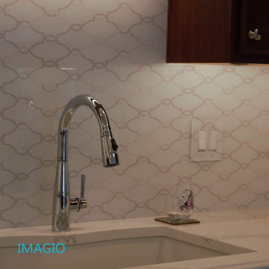 Kitchen Remodel using IMAGIO Solid Glass Backsplash Arabesque Drops by IMAGIO