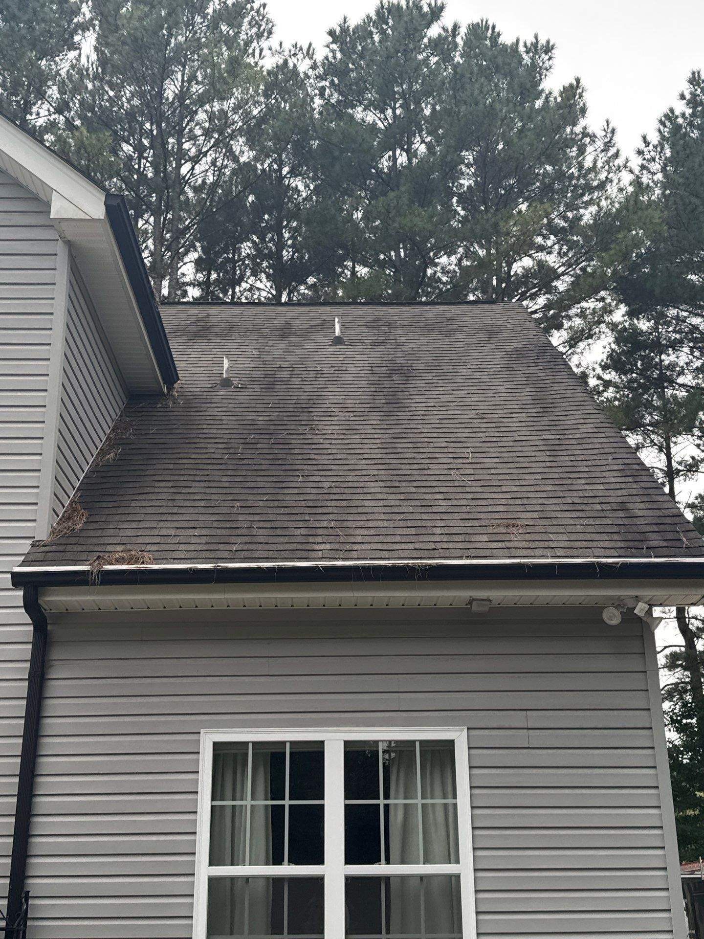 roof cleaning is being performed to remove dirt and debris from the shingles and gutters