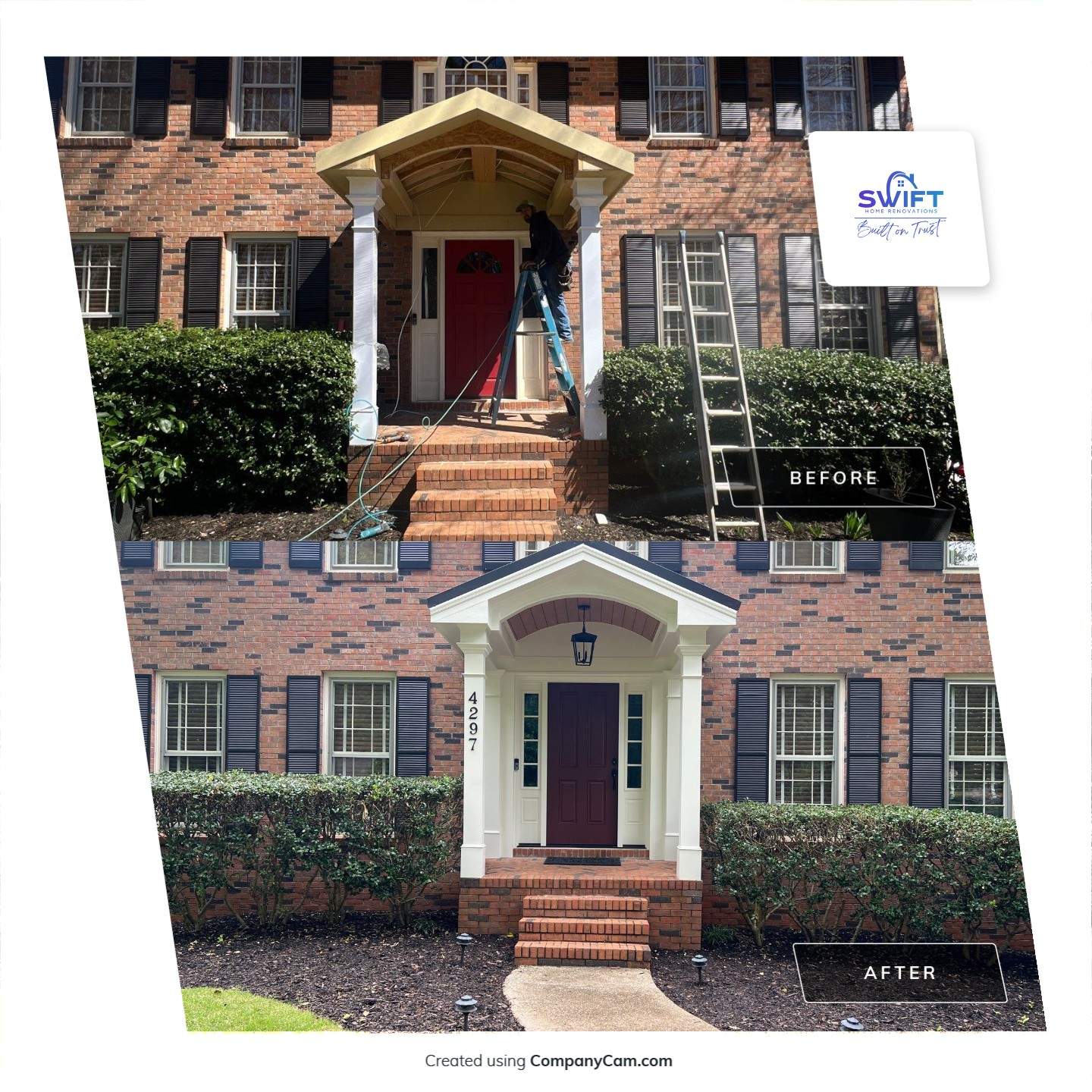 Exterior Entryway and Trim Renovation for Smyrna Brick Colonial by Swift Home Renovations