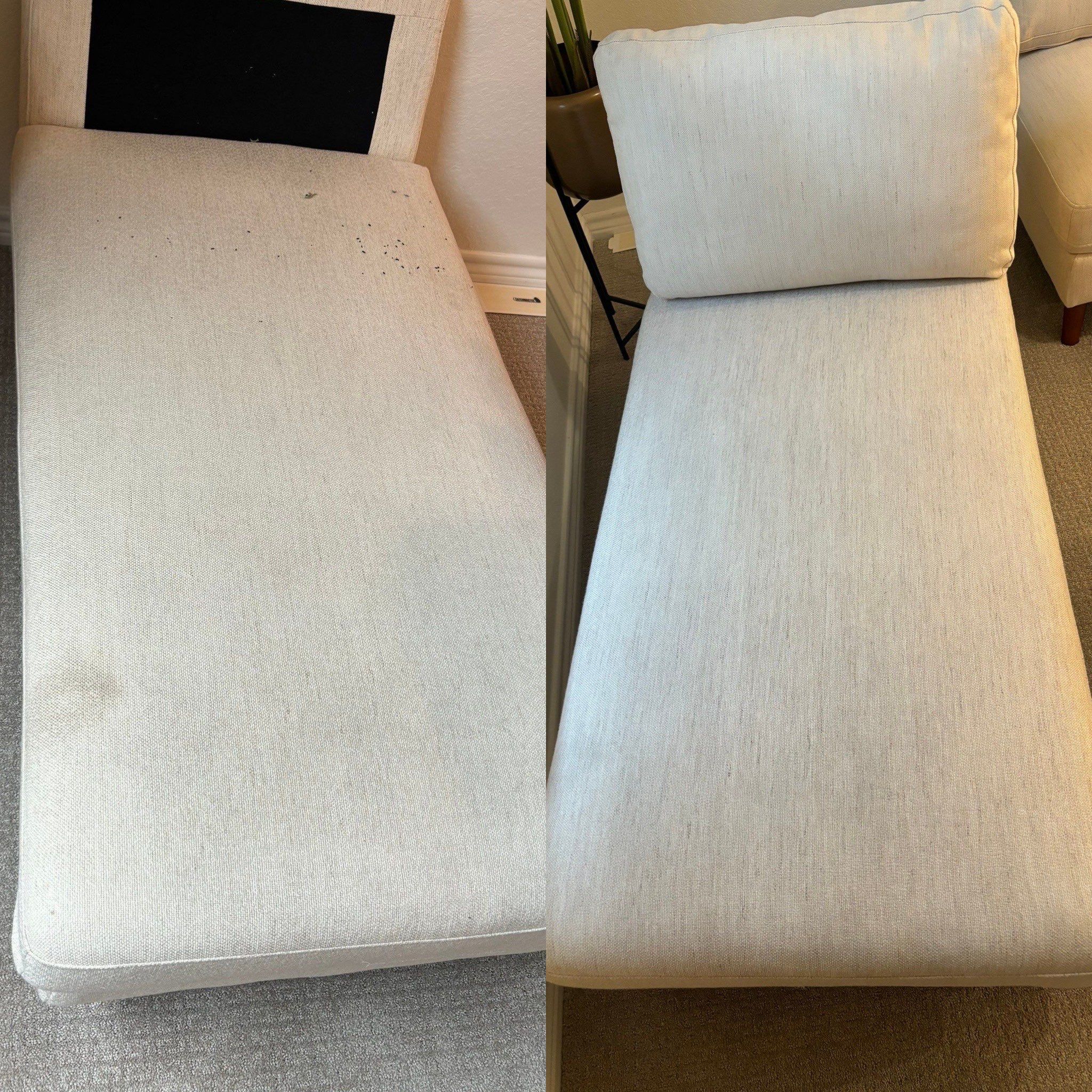 the service shown is upholstery cleaning restoring the appearance of a light-colored fabric surface by removing dirt and stains