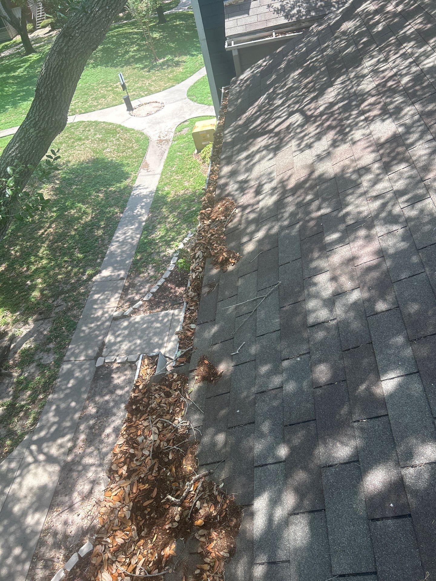Commercial gutter cleaning Corpus Christi, TX before photo with filled gutters