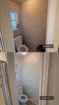 Before and after photo of a bathroom repainted by Hill Country Painting in Austin, TX