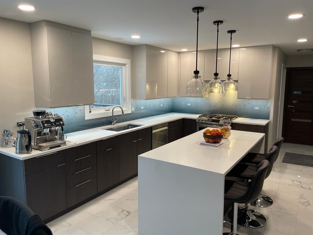 Let It Rain Kitchen Remodel using IMAGIO Solid Glass Backsplash by IMAGIO