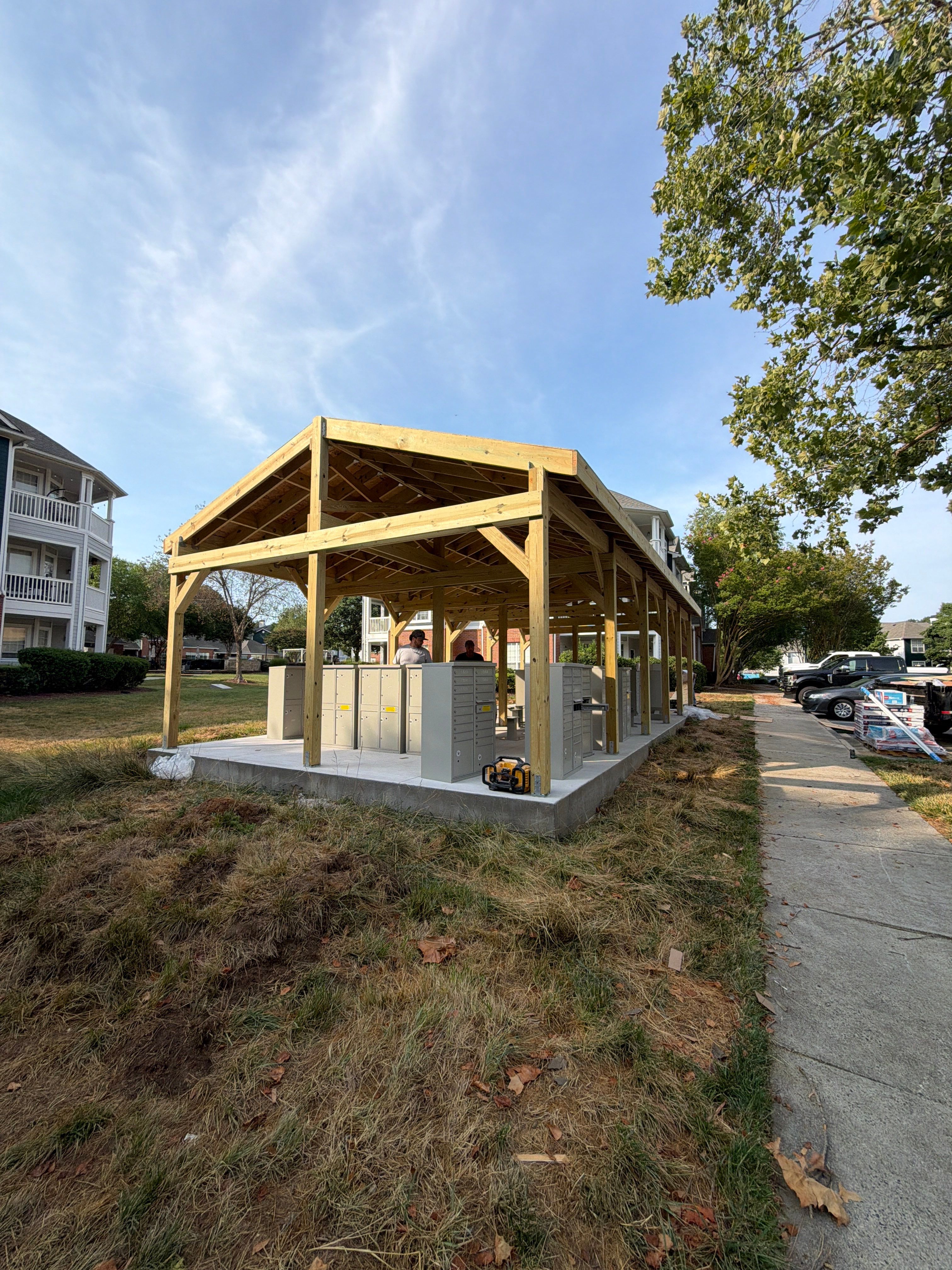 Custom Timber Frame Pavilion for Cluster Mailbox Units in Raleigh by Billy Weatherspoon Contractor