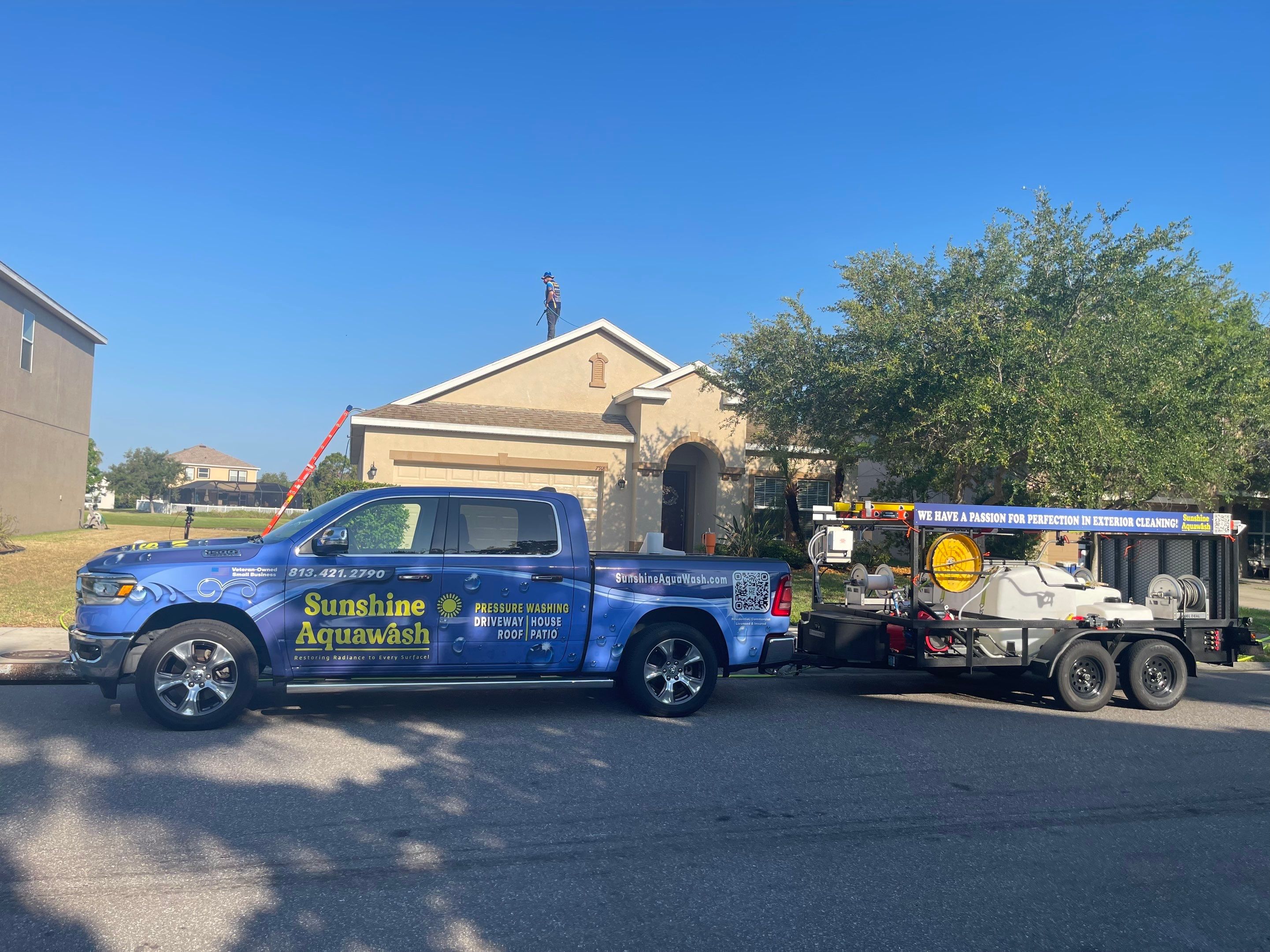 Asphalt Shingle Roof Soft Wash Cleaning & Concrete Pressure Washing in CopperStone Community, Parrish, FL by Sunshine AquaWash