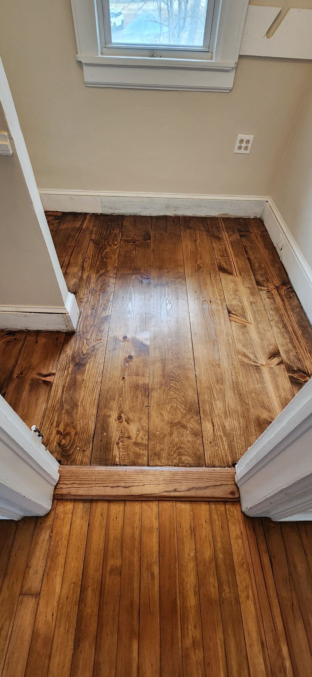 Sand & Refinish with Board Repair using Duraseal Golden Oak and Coffee Brown w/ Loba Satin Finish by Footprints Floors Morristown