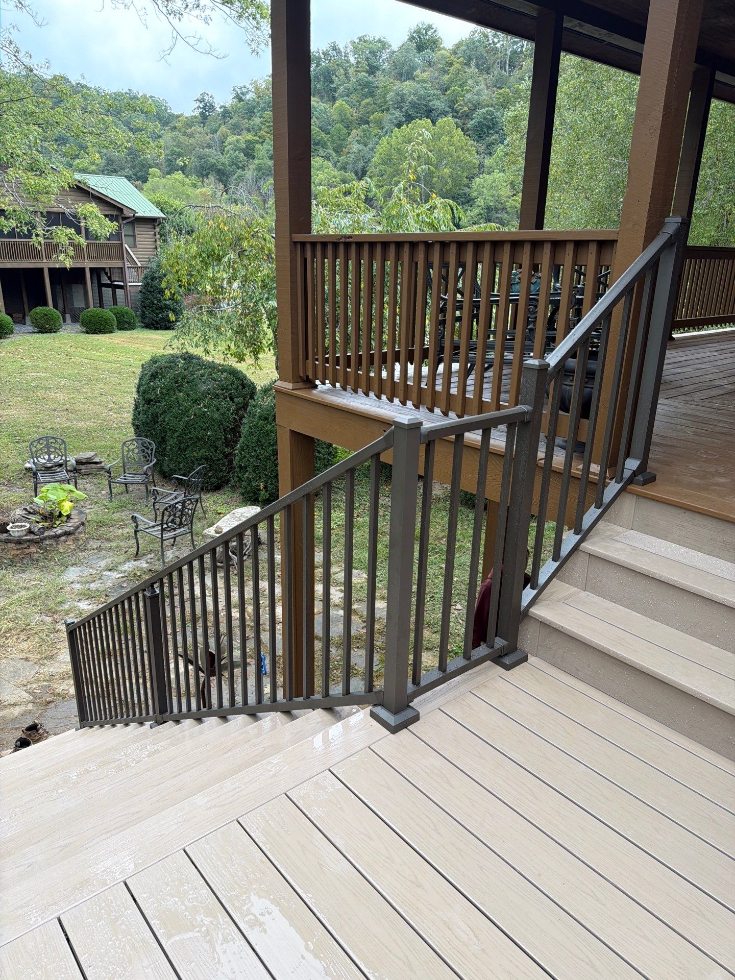 Log Cabin Wrap-Around Deck and External Staircase Installation in Caldwell by Walnut Hollow Decks & Outdoor Living