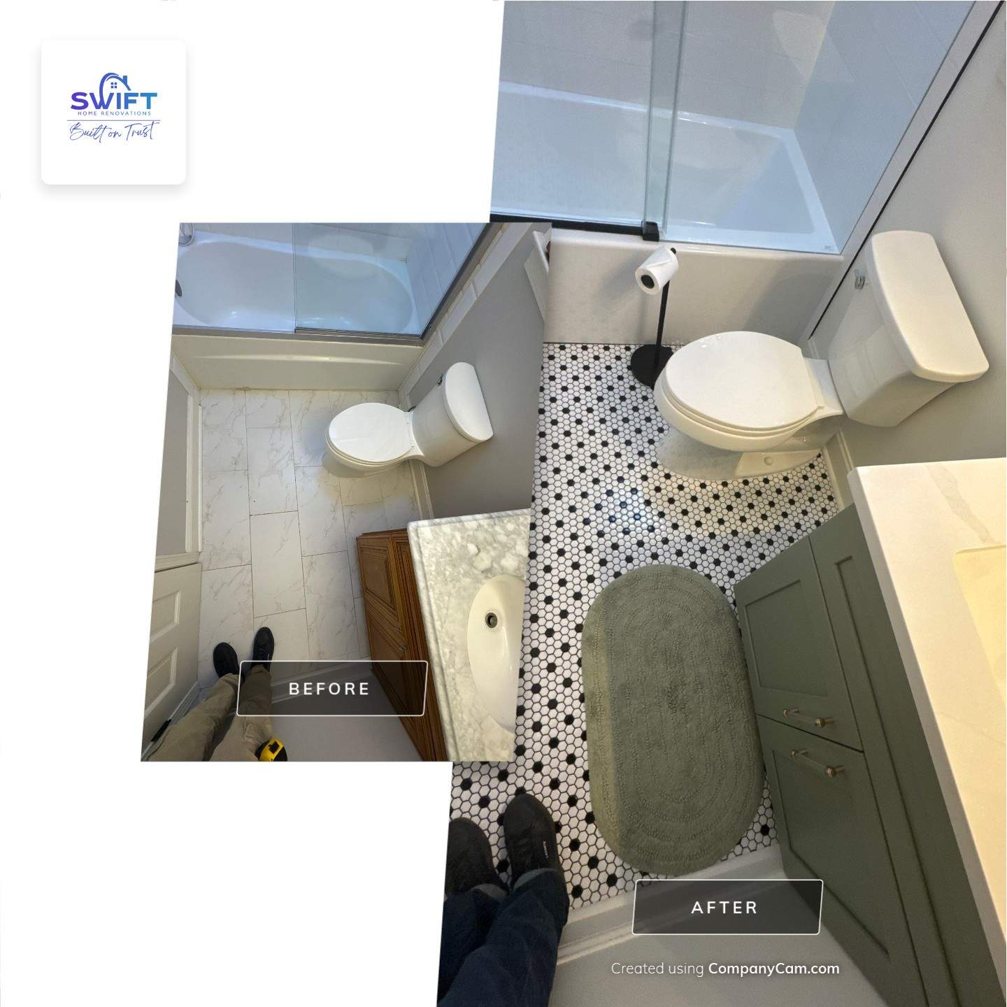 Smyrna Bathroom Remodel Featuring Sage Green Vanity and Hexagonal Tile by Swift Home Renovations