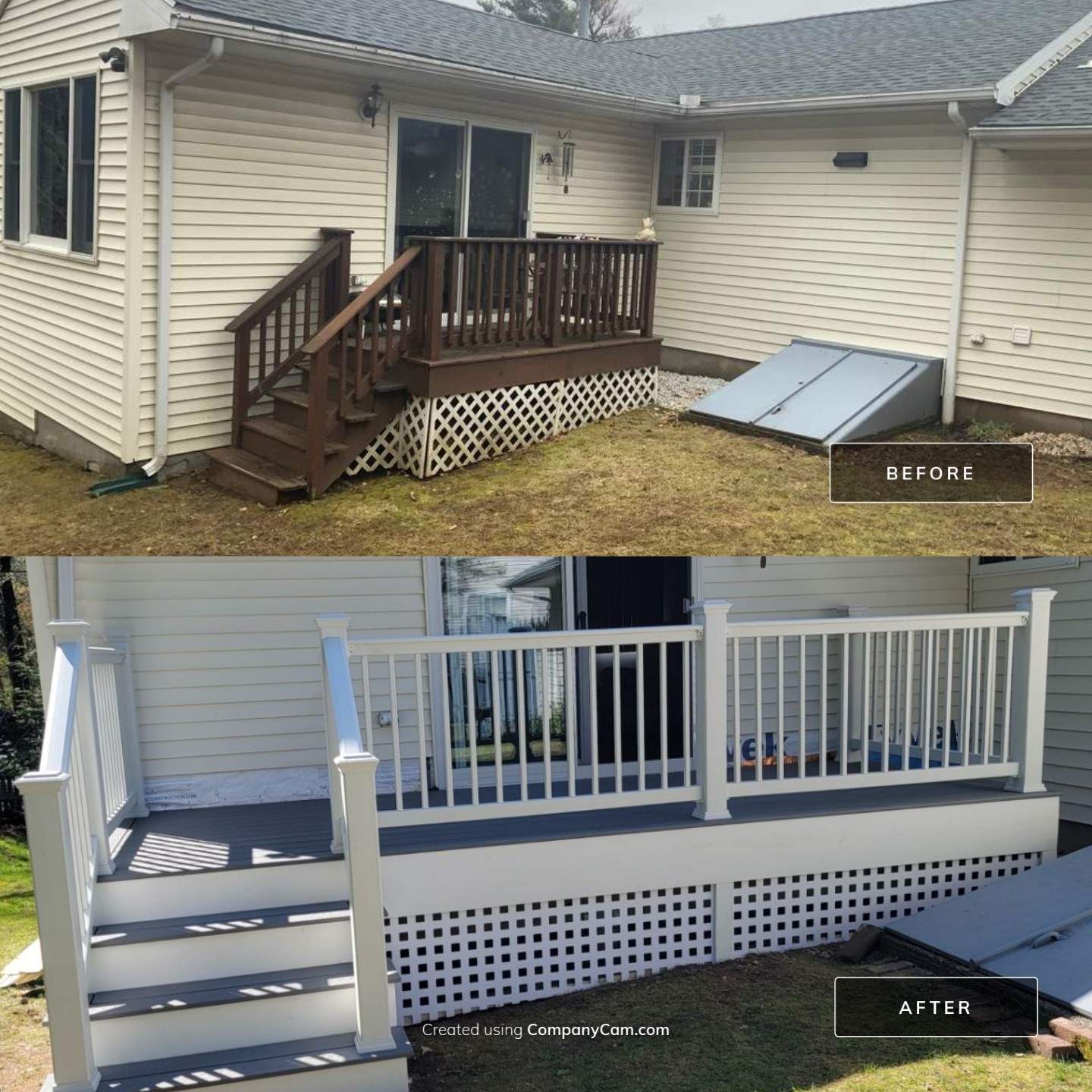 Replacement back deck using Trex Pebble Gray boards, White Composite railings and lattice. by DiGiorgi Roofing and Siding Inc