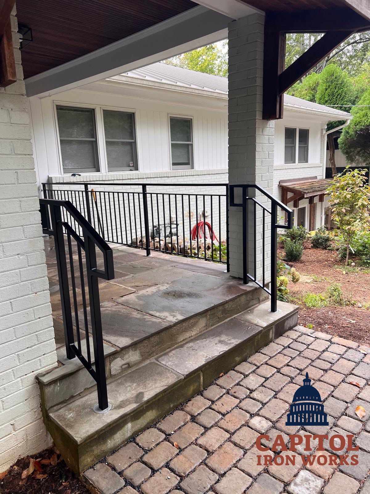 Custom Black Metal Railings for Chevy Chase Stone Porch