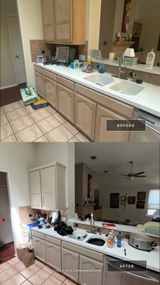 Before and after photo of kitchen sink cabinets repainted cream by Hill Country Painting in Austin, TX