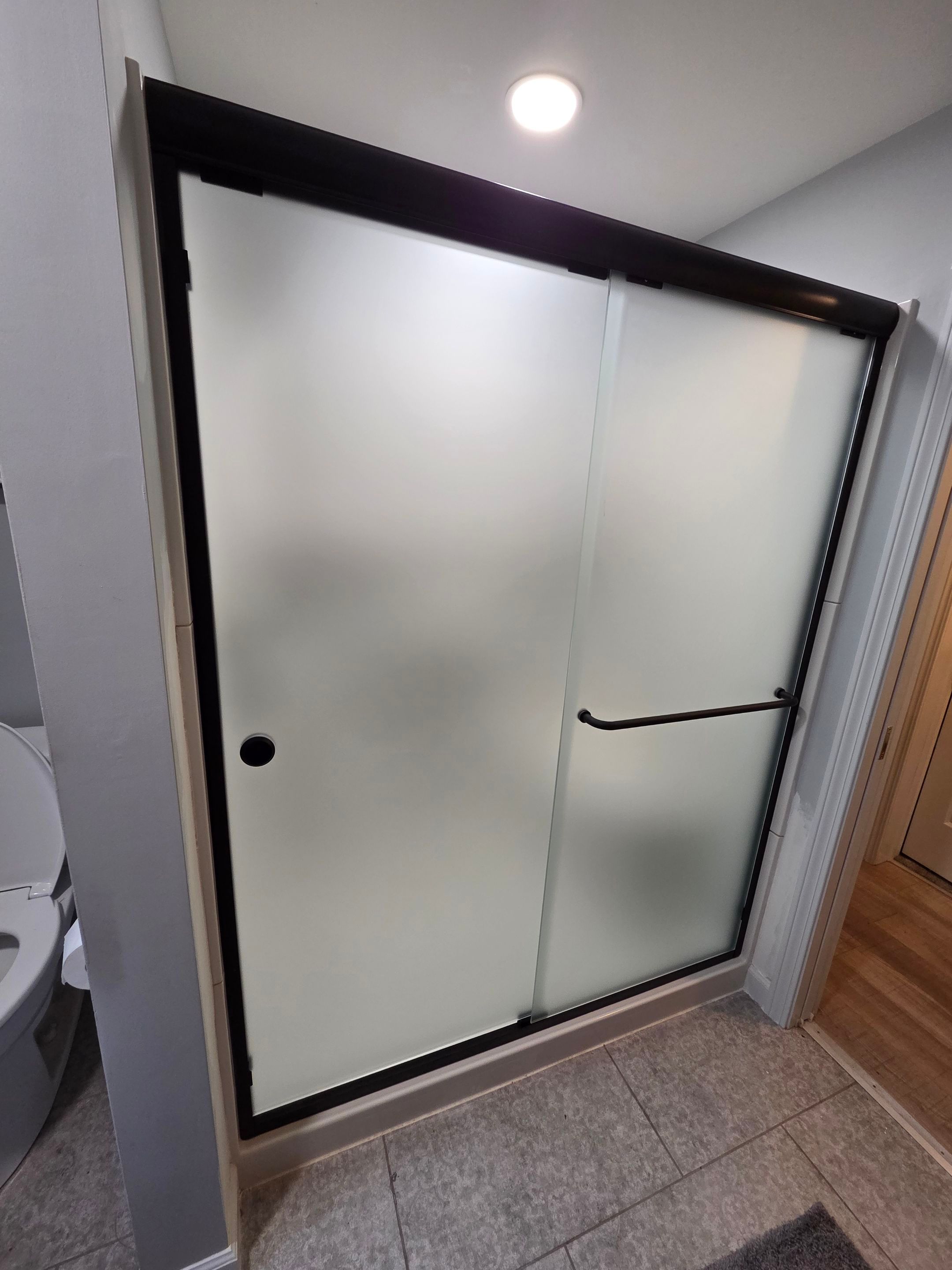 Shower using Acid Etched (Frosted) Tempered Shower Glass by Cheshire Glass Company