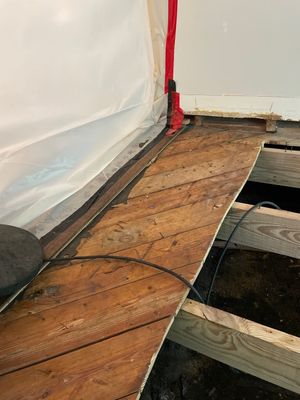 Plastic containment sheeting beside exposed wood flooring and open floor framing.