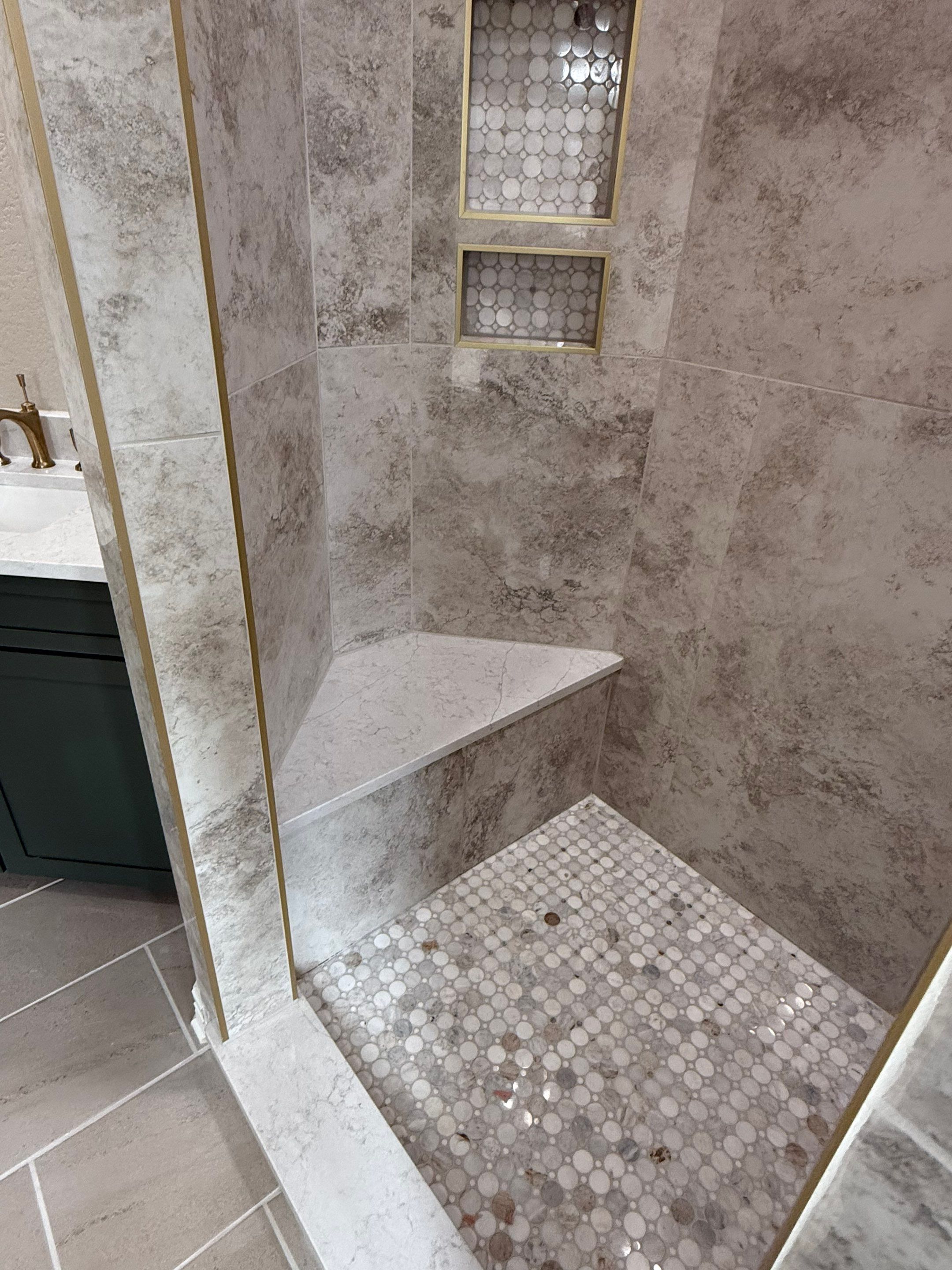 Garden Ridge Master Bathroom Remodel with Custom Walk-In Shower & Warm Green Vanity by Legacy Bath and Kitchen
