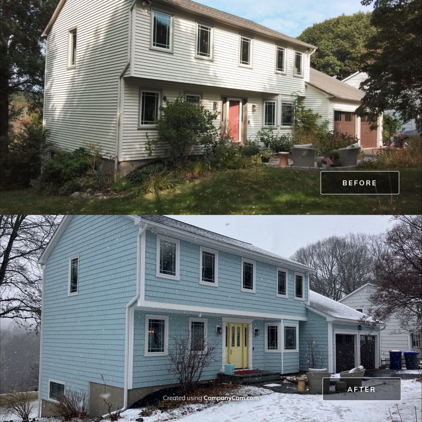 Beautiful Siding transformation using Cert. Cedar Impressions D/7 Perfection, Straight Bottom, Bermuda Blue by DiGiorgi Roofing and Siding Inc
