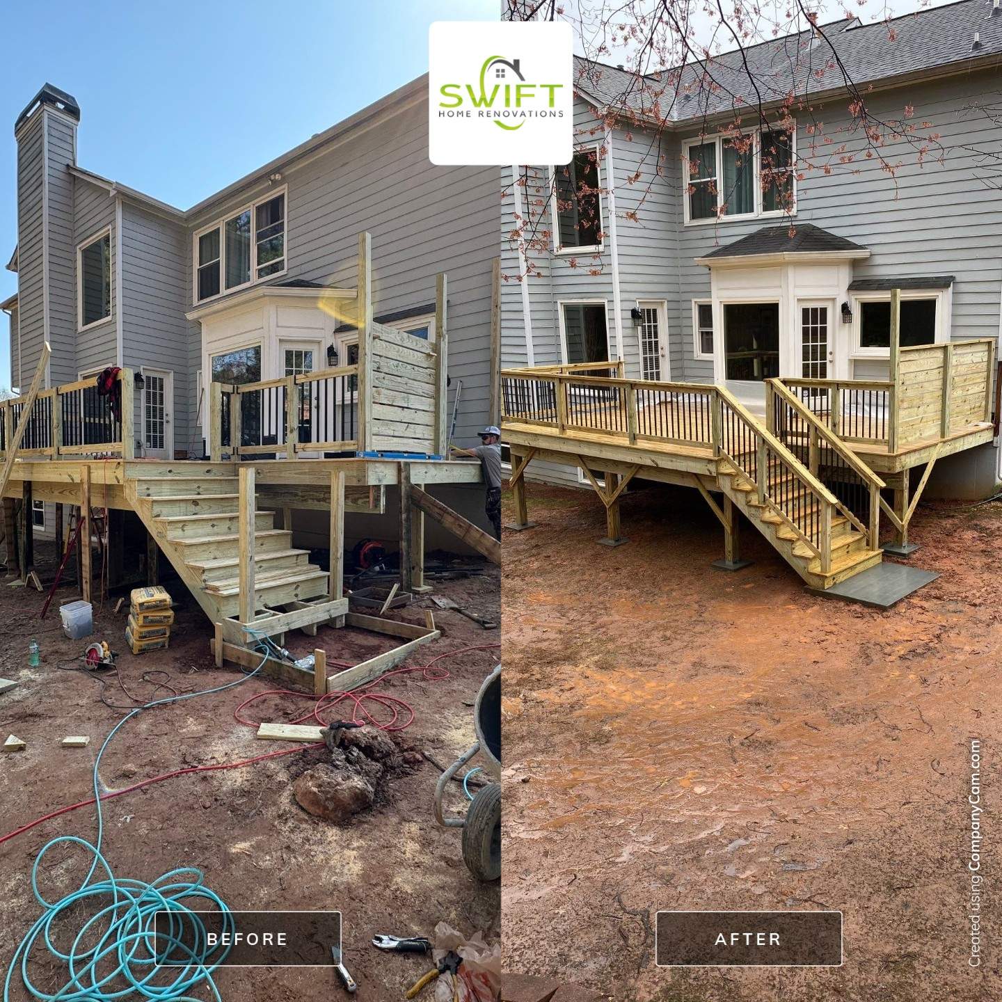 Elevated Deck Replacement with Black Metal Railings in Johns Creek by Swift Home Renovations