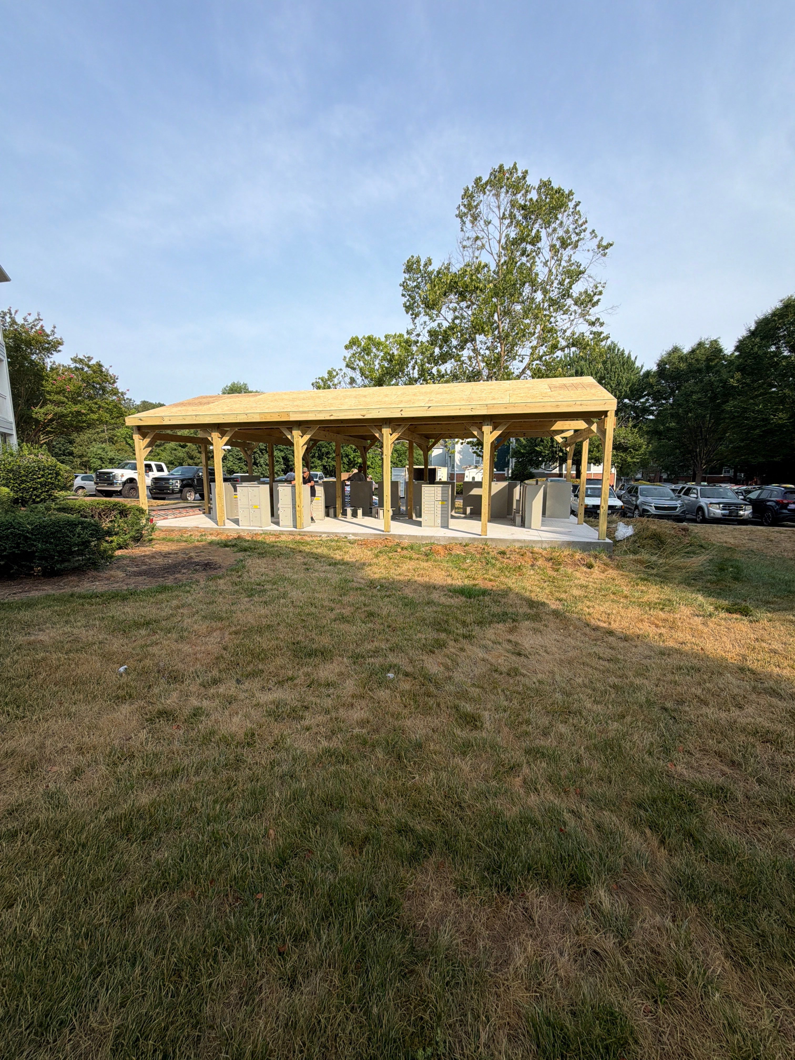 Custom Timber Frame Pavilion for Cluster Mailbox Units in Raleigh by Billy Weatherspoon Contractor